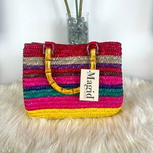 Multi Color Small Straw Handbag with Wood Handles